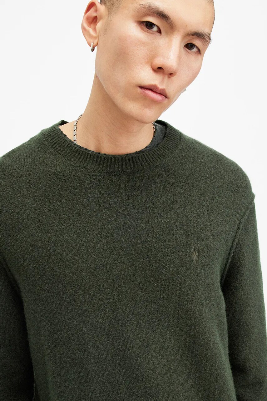 Светр з вовною AllSaints STATTEN колір зелений однотонна M039KA