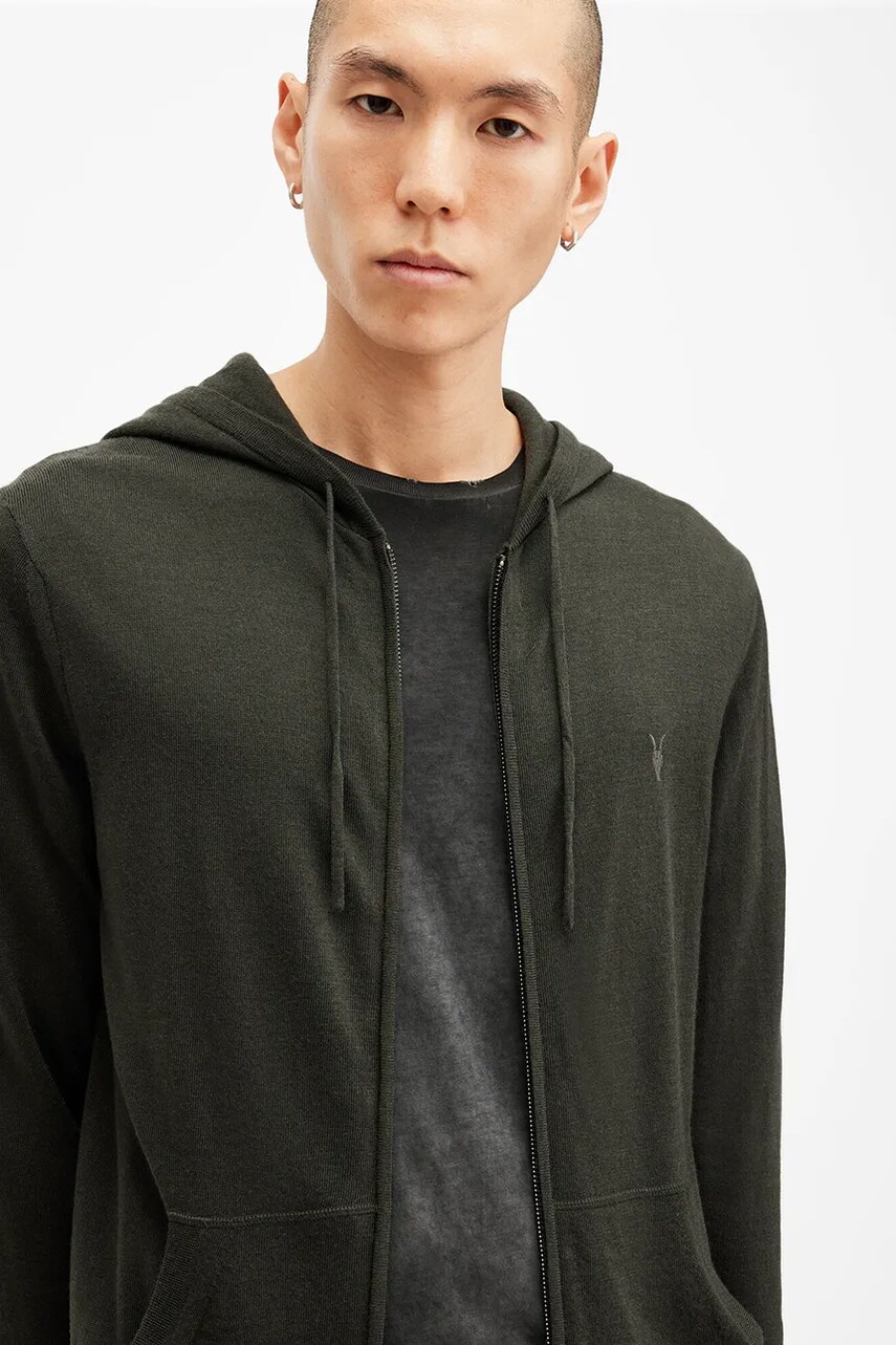 Шерстяна кофта AllSaints MODE MERINO ZIP HOOD колір зелений з капюшоном меланж M084KB