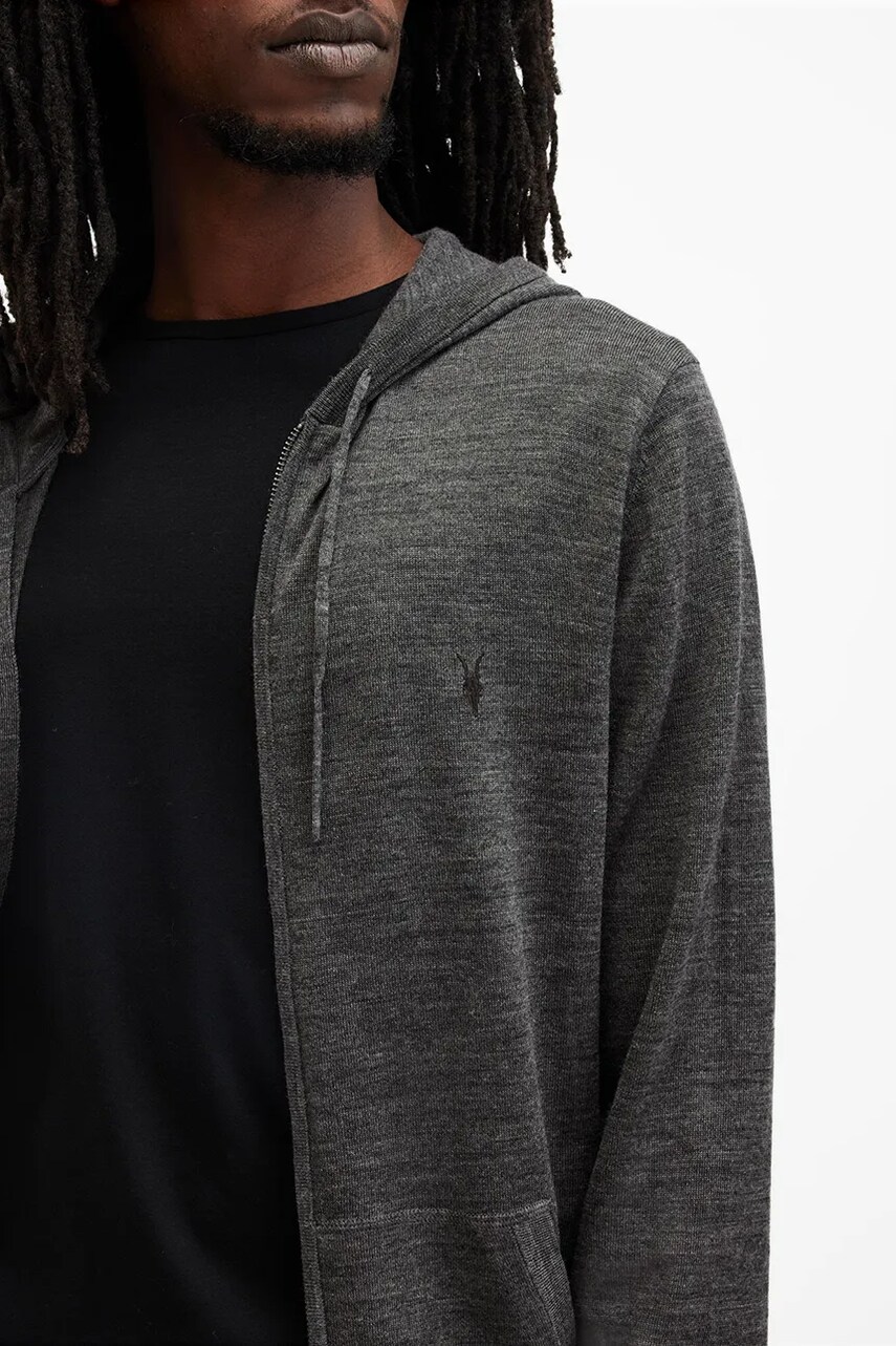 Шерстяна кофта AllSaints MODE MERINO ZIP HOOD колір сірий з капюшоном меланж M084KB