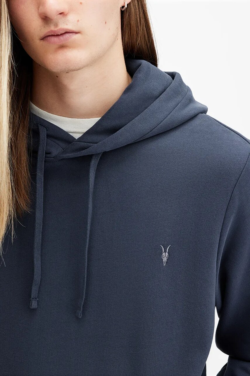 Бавовняна кофта AllSaints RAVEN OTH HOODY чоловіча колір синій з капюшоном однотонна M003NZ