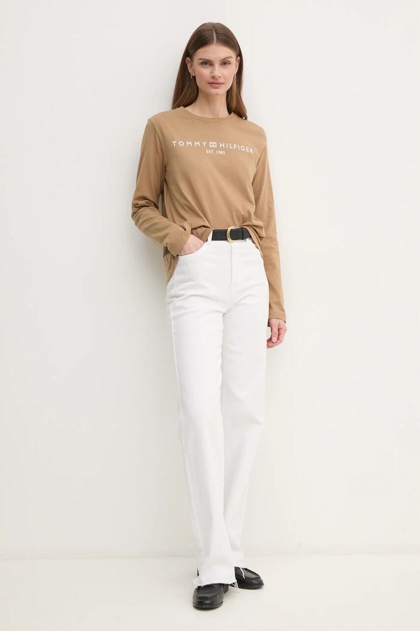 Бавовняний лонгслів Tommy Hilfiger колір коричневий WW0WW43620