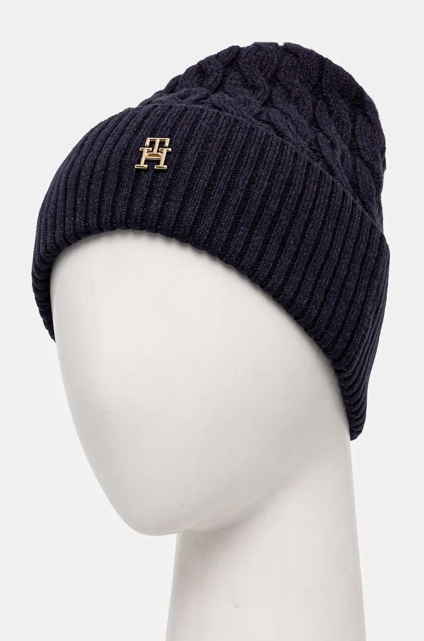 Вовняна шапка Tommy Hilfiger колір синій з тонкого трикотажу вовна AW0AW16629