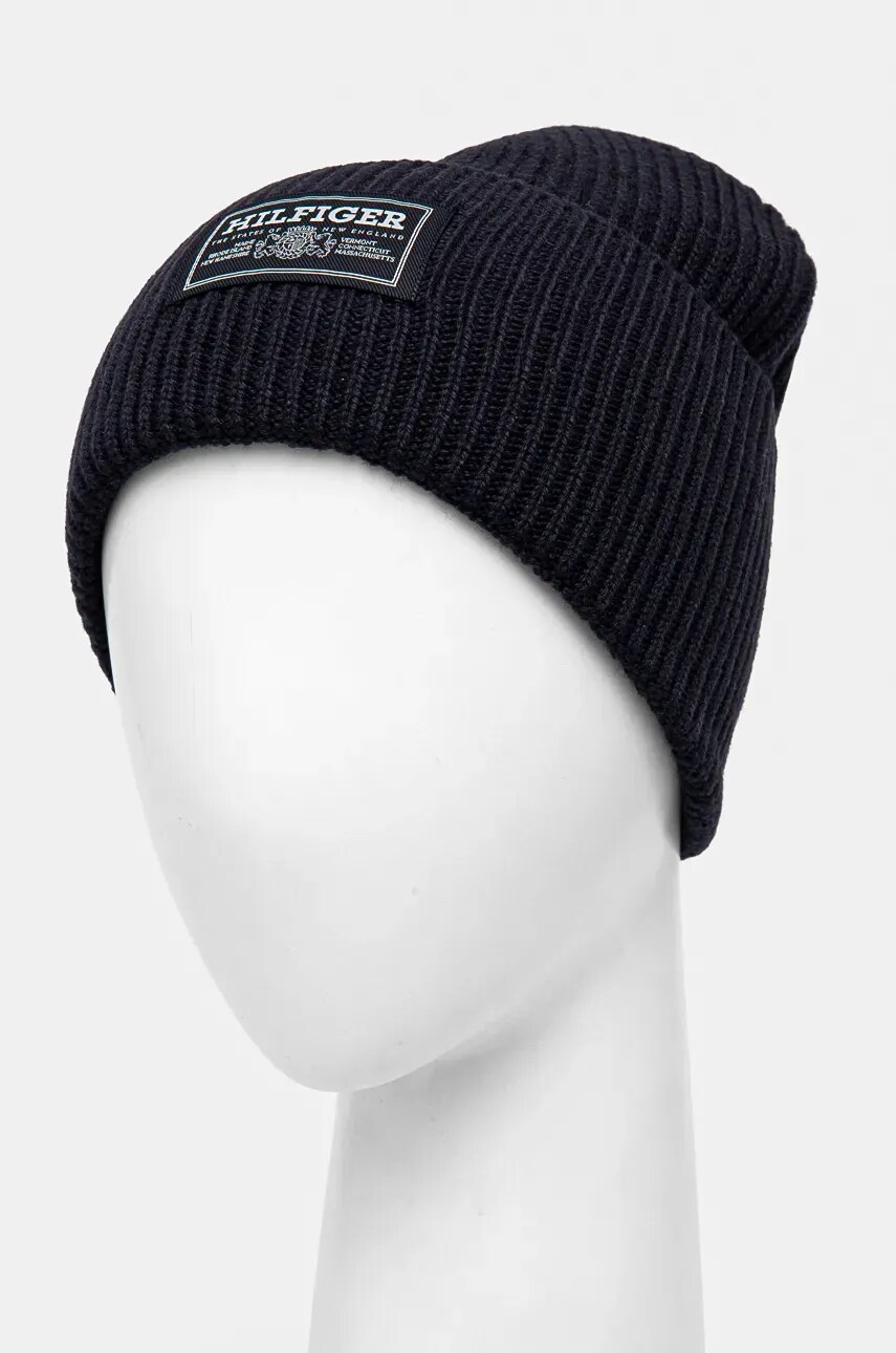 Вовняна шапка Tommy Hilfiger колір синій з тонкого трикотажу вовна AM0AM12889