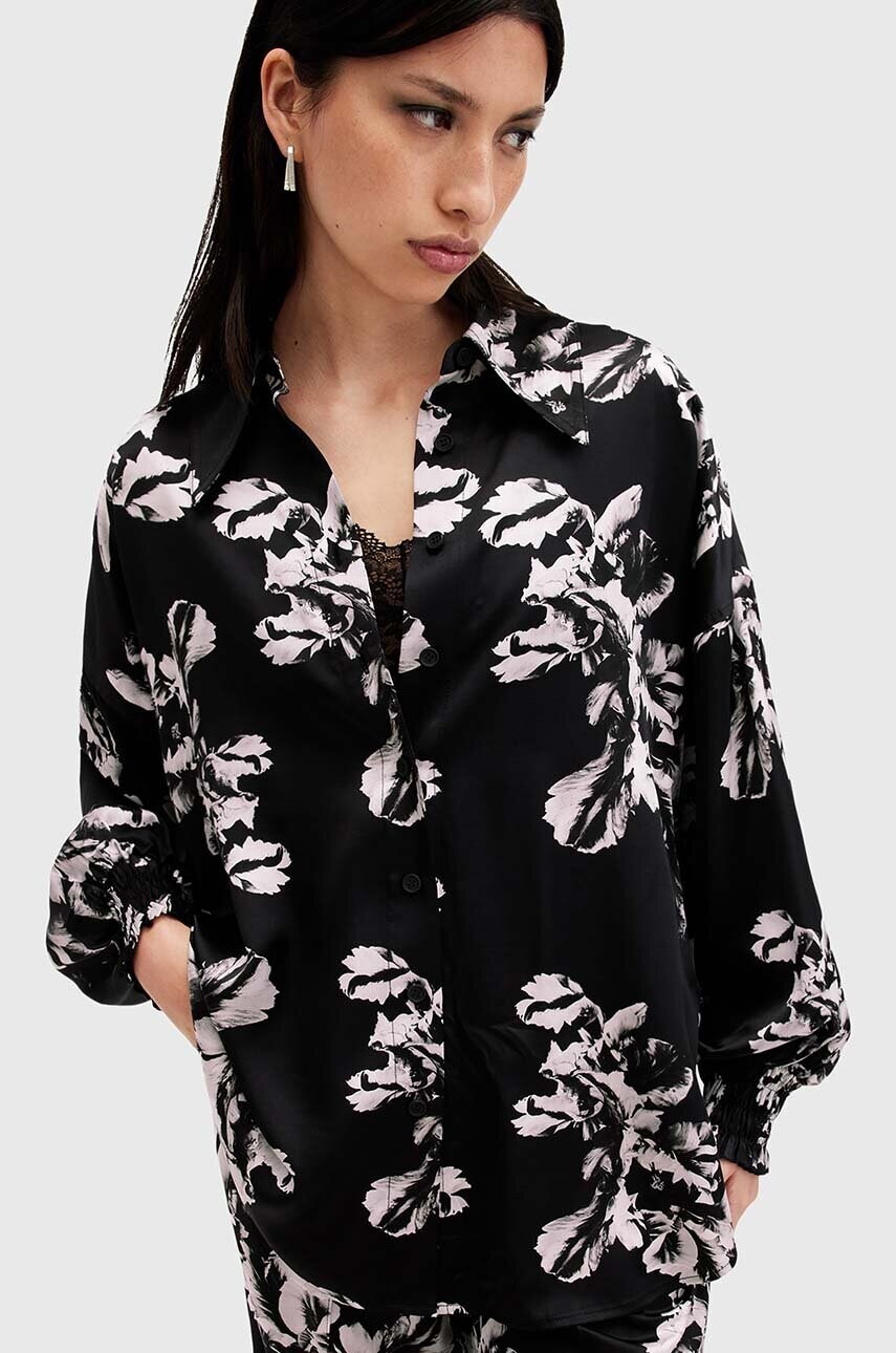 Сорочка з домішкою шовку AllSaints CHARLI SHIRT колір чорний relaxed класичний комір W010PB