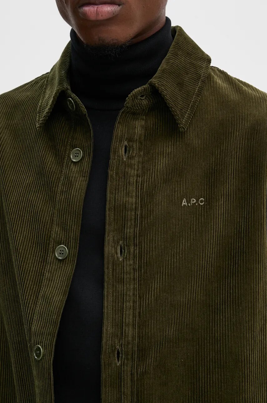 Вельветова сорочка A.P.C. surchemise bobby колір зелений regular класичний комір COHBB.H02976