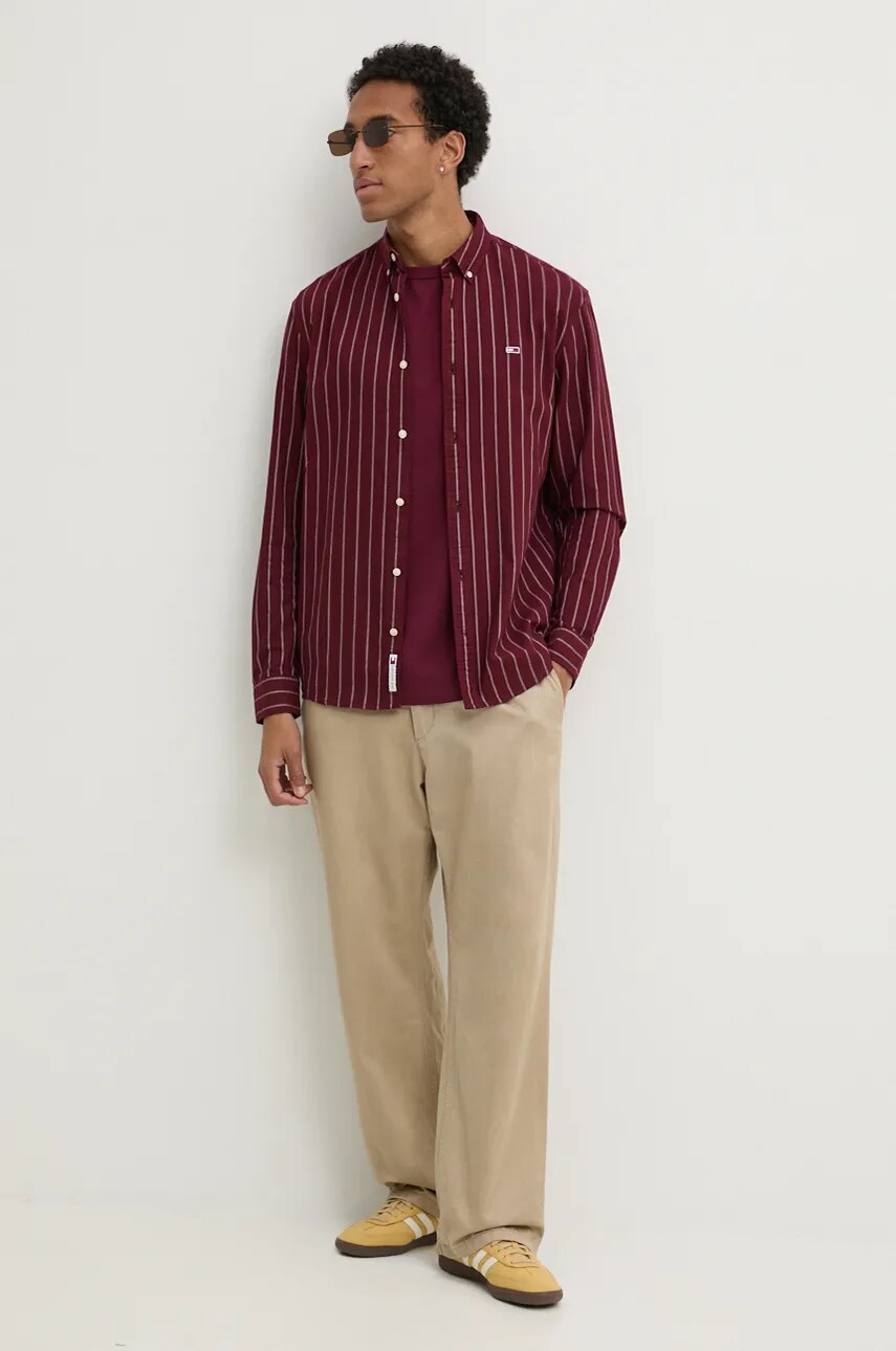 Бавовняна сорочка Tommy Jeans чоловіча колір бордовий regular комір button-down DM0DM19646