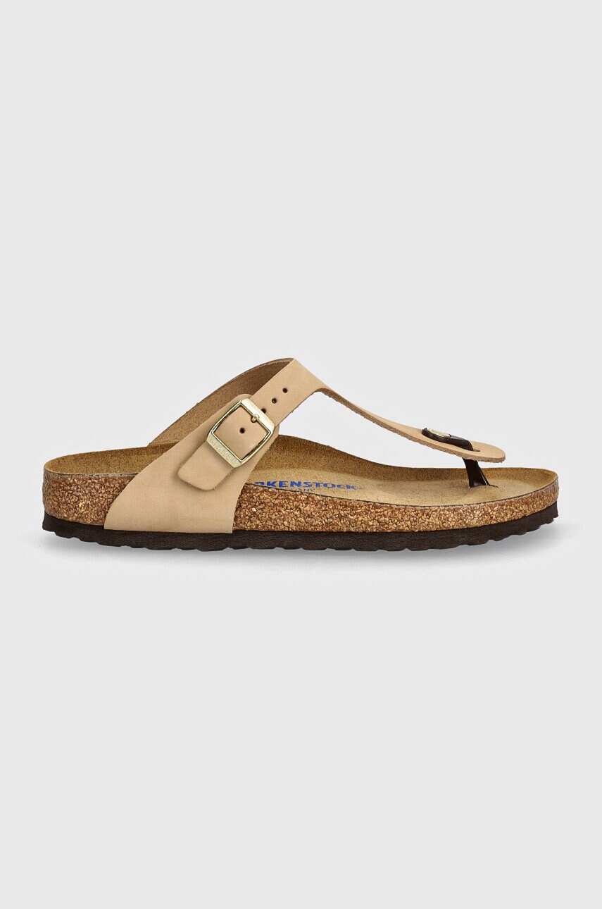 В'єтнамки з нубуку Birkenstock Gizeh SFB колір бежевий на плоскому ходу 1019014