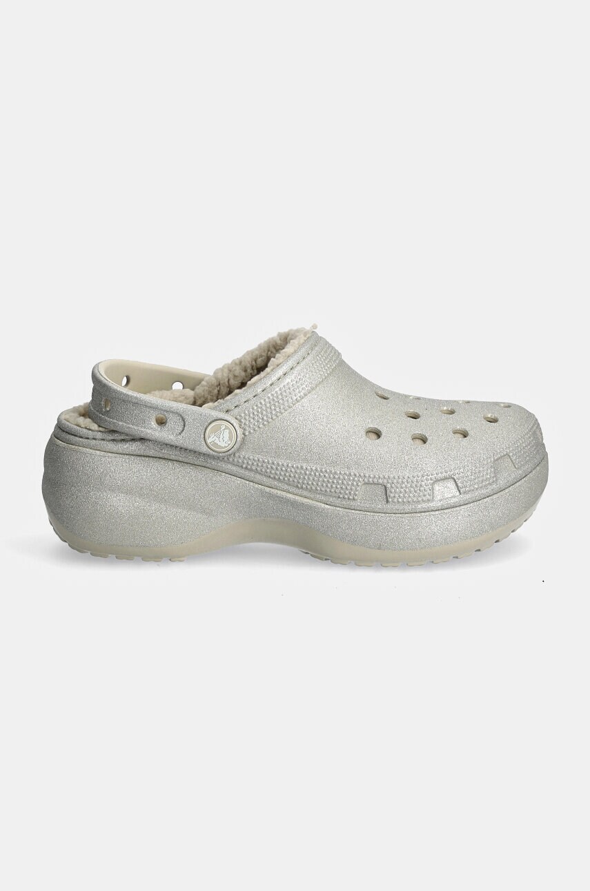 Шльопанці Crocs Classic Platform Glitter Lined Clog W жіночі колір срібний на платформі 210413