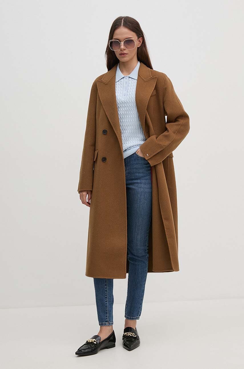 Вовняне пальто Tommy Hilfiger колір коричневий перехідне двобортне WW0WW42621