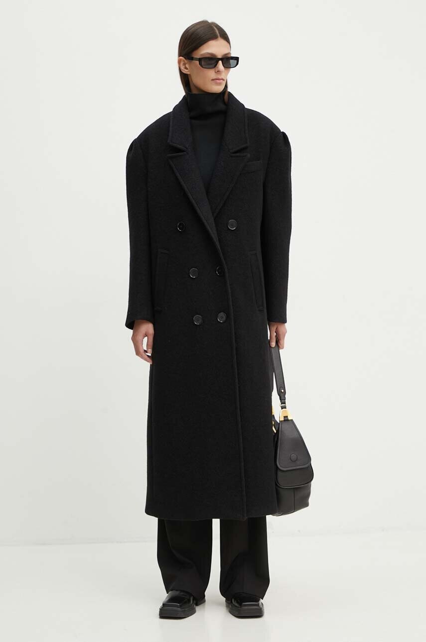 Вовняне пальто MSGM колір чорний перехідне двобортне 3741MDC05.247618