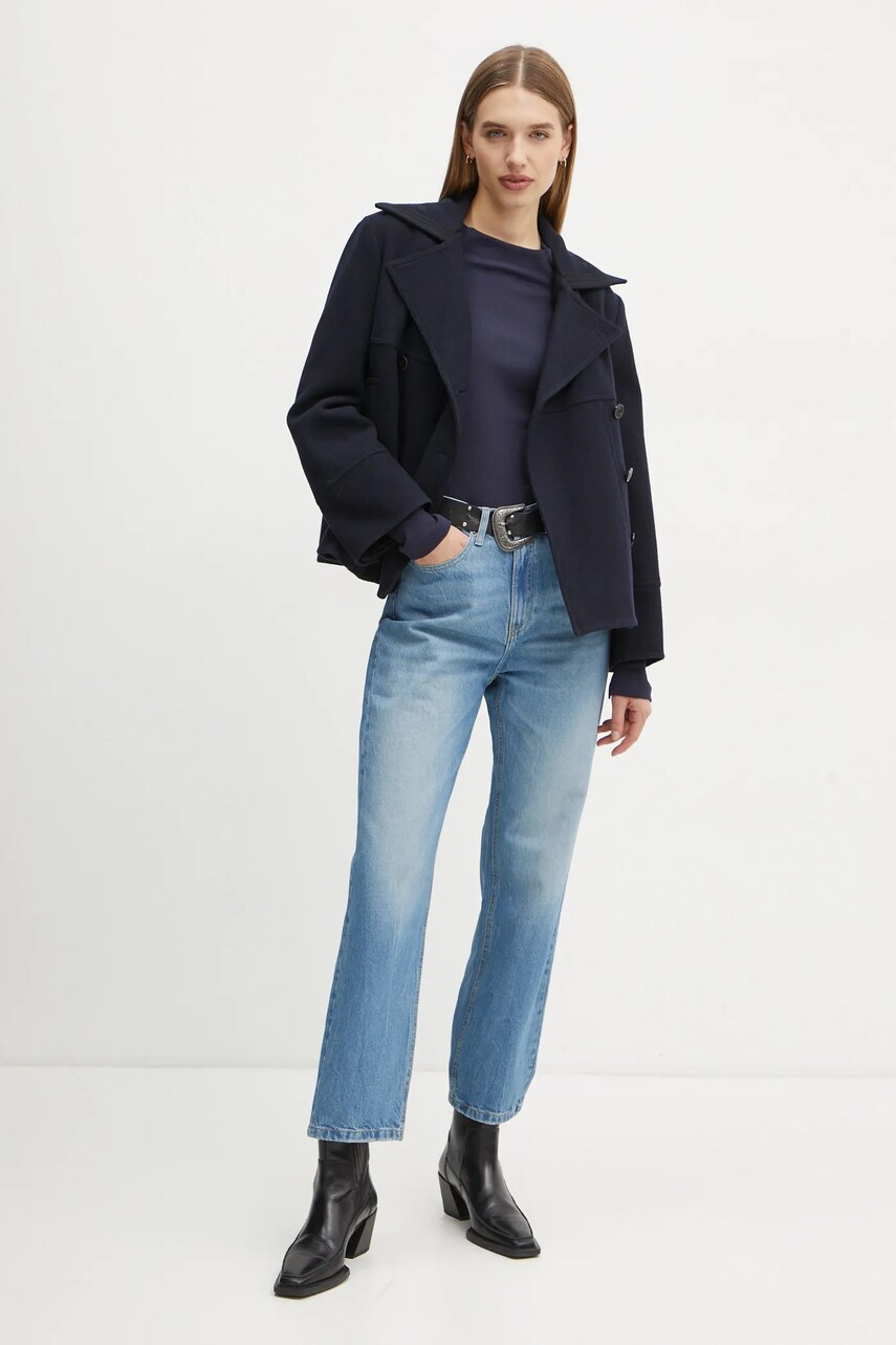 Вовняне пальто The Kooples колір синій перехідне двобортне FMAN29001K