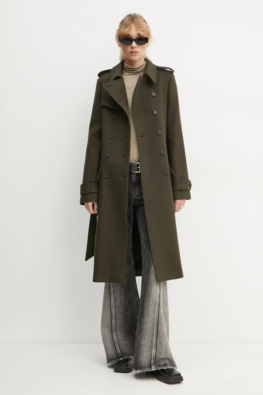 Вовняне пальто The Kooples колір зелений перехідне двобортне FTRE29003K