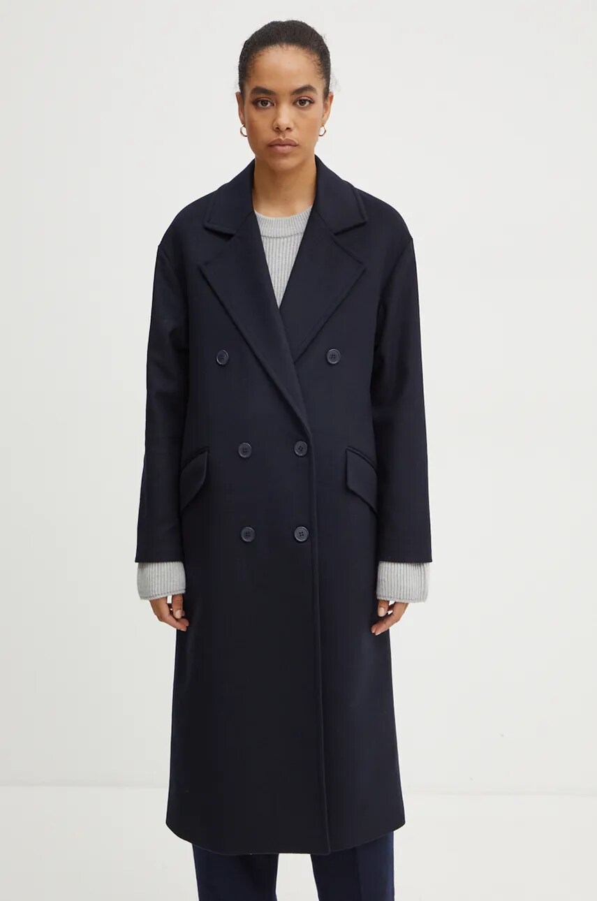 Вовняне пальто Twinset колір синій перехідне oversize 242TT2203