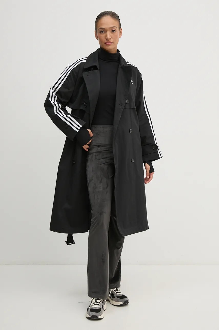 Пальто adidas Originals Tcoat Twill жіноче колір чорний перехідне двобортне IZ0381