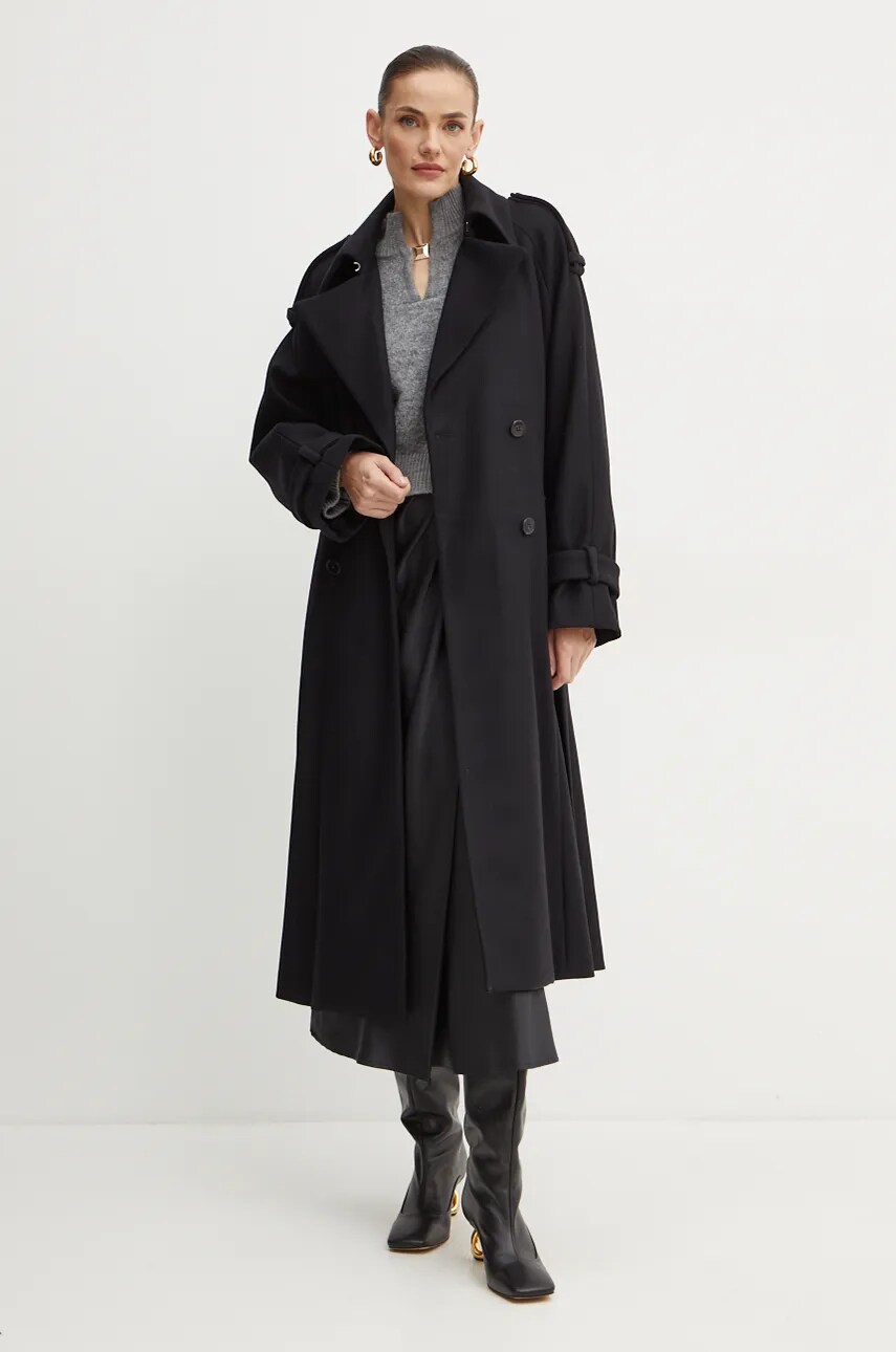Вовняне пальто Ivy Oak колір чорний перехідне oversize IO111137