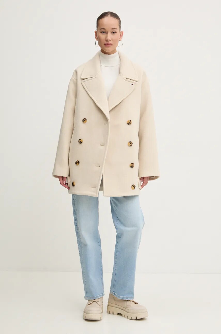 Пальто з домішкою вовни Tommy Jeans колір бежевий перехідне oversize DW0DW19752