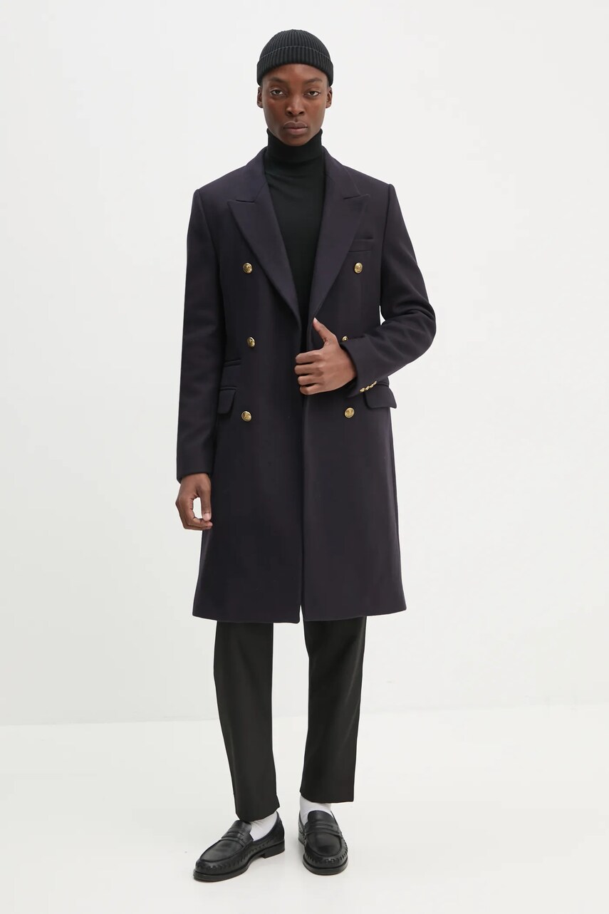Вовняне пальто The Kooples колір синій перехідне двобортне HMAN29007K