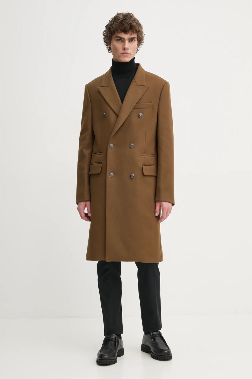 Вовняне пальто The Kooples колір коричневий перехідне двобортне HMAN29007K