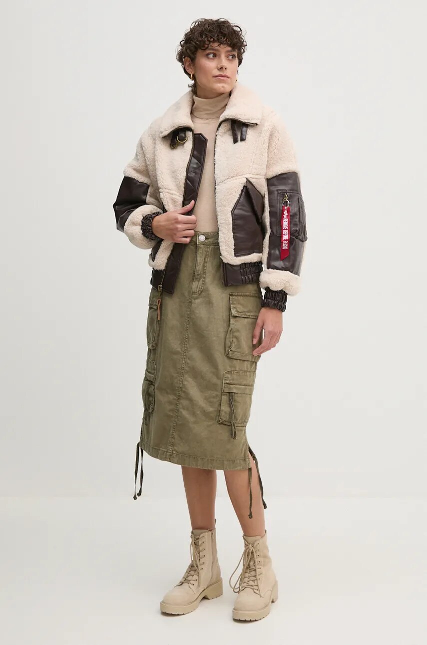 Куртка Alpha Industries Teddy PU Bomber жіноча колір бежевий перехідна oversize 148001