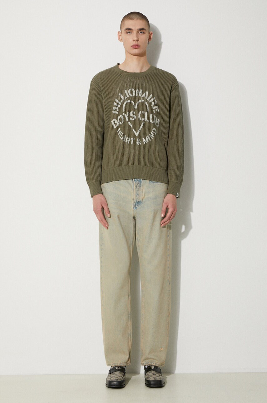 Бавовняний светр Billionaire Boys Club Heart & Mind Stencil Logo Jumper колір зелений теплий B24224