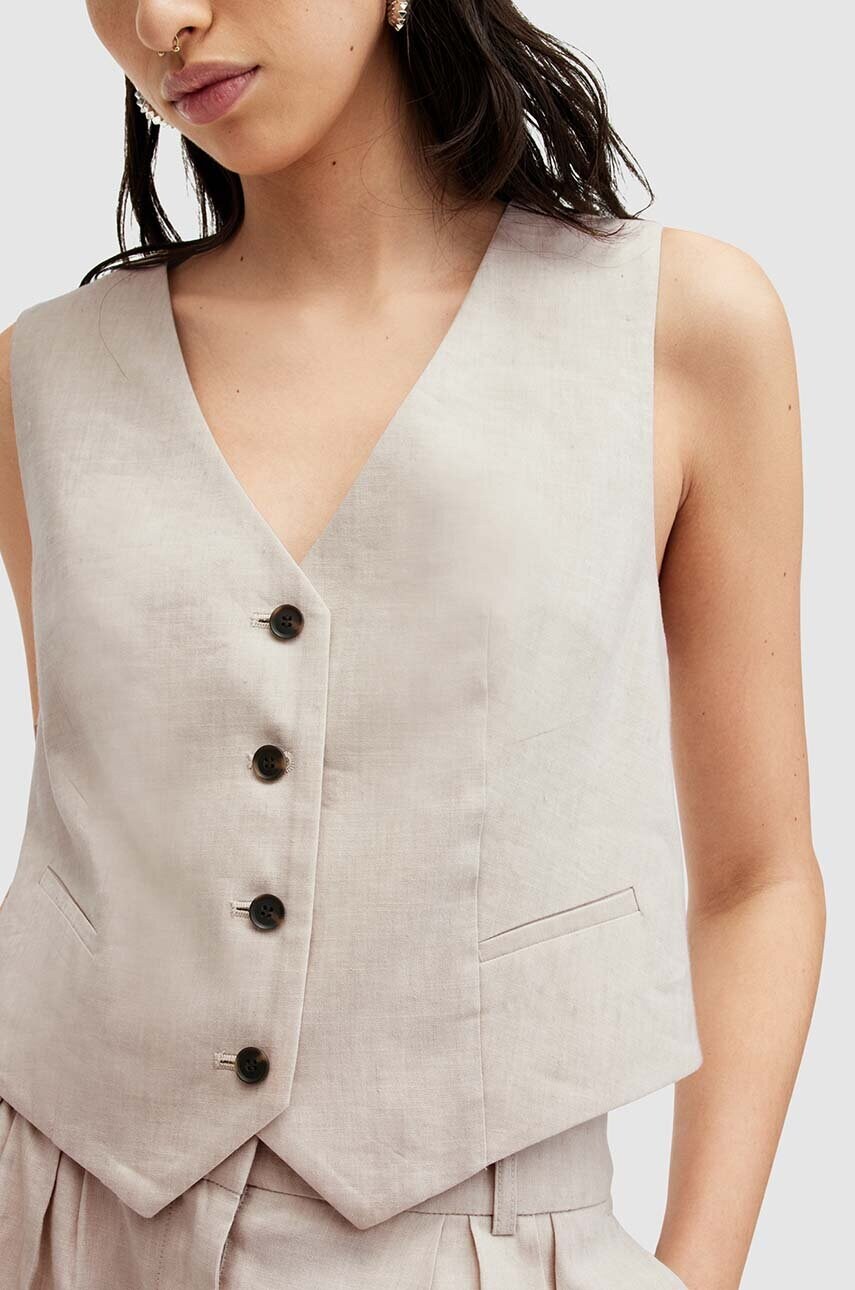 Лляний жилет AllSaints WHITNEY WAISTCOAT колір бежевий однобортний W035QA