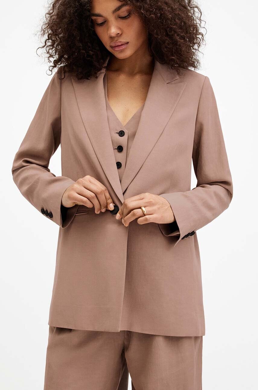 Піджак з домішкою льону AllSaints DERI LYN колір коричневий oversize однотонний WT521Z