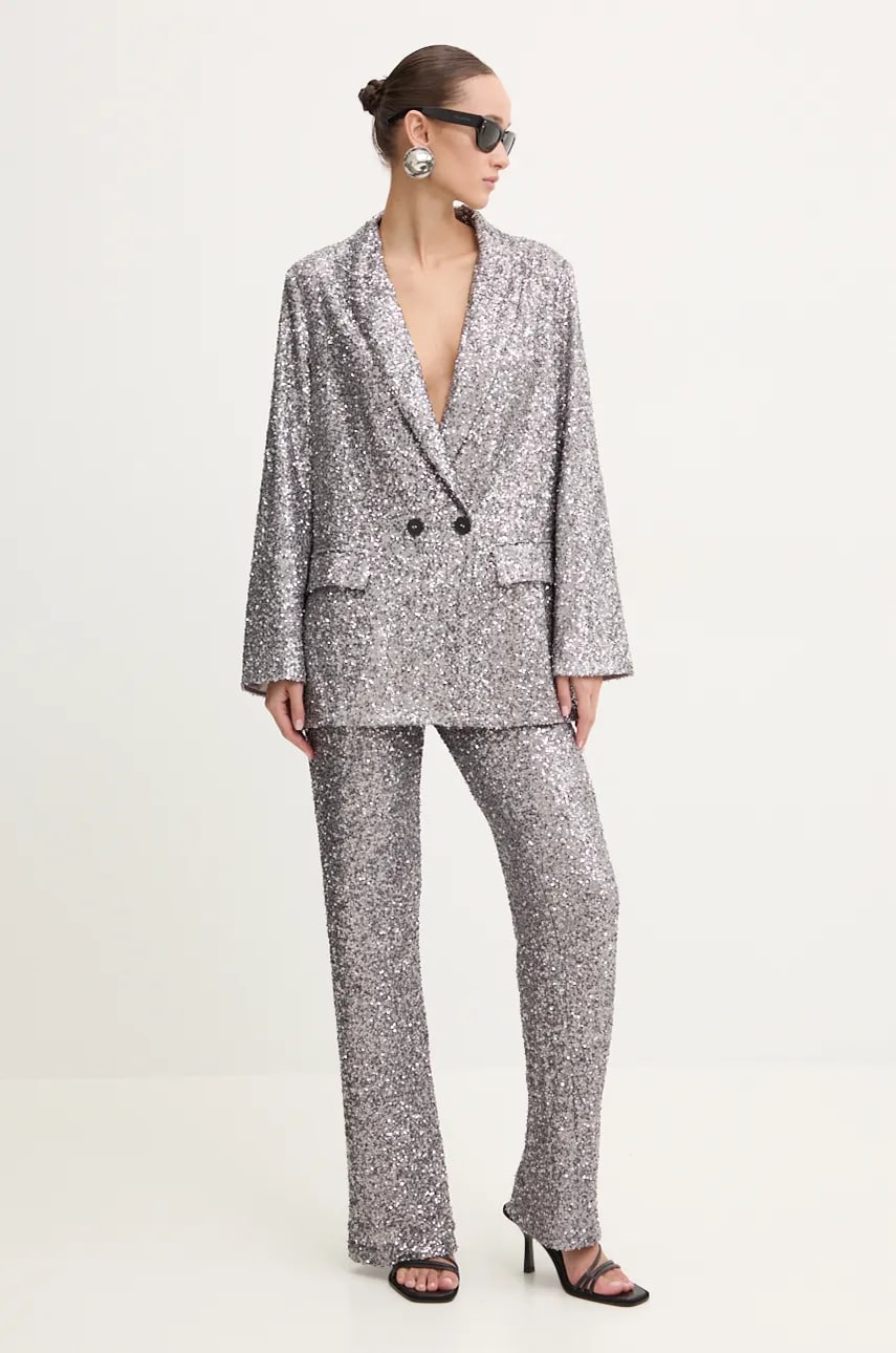Піджак Never Fully Dressed Gunmetal Sequin 54 Blazer колір сірий двобортний NFDOU362