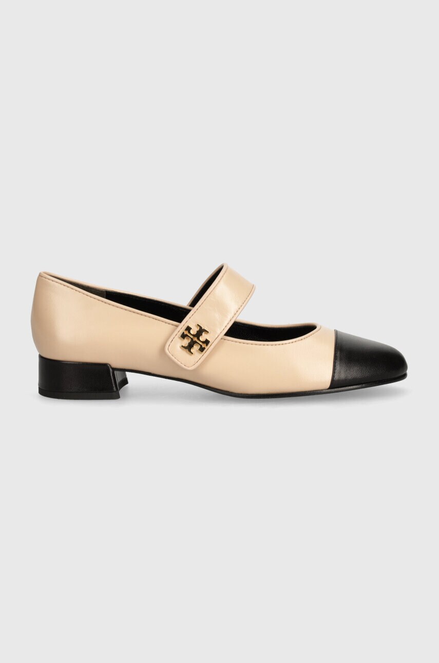 Шкіряні туфлі Tory Burch Mary Jane Heel Ballet колір бежевий каблук блок 160312-650