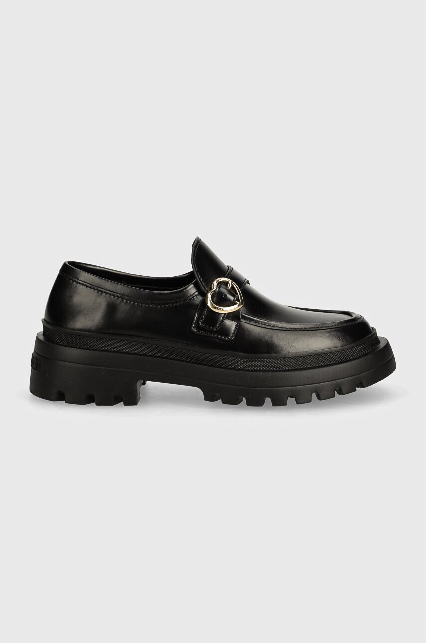 Шкіряні мокасини Love Moschino жіночі колір чорний на плоскому ходу JA10275G1LIA0000