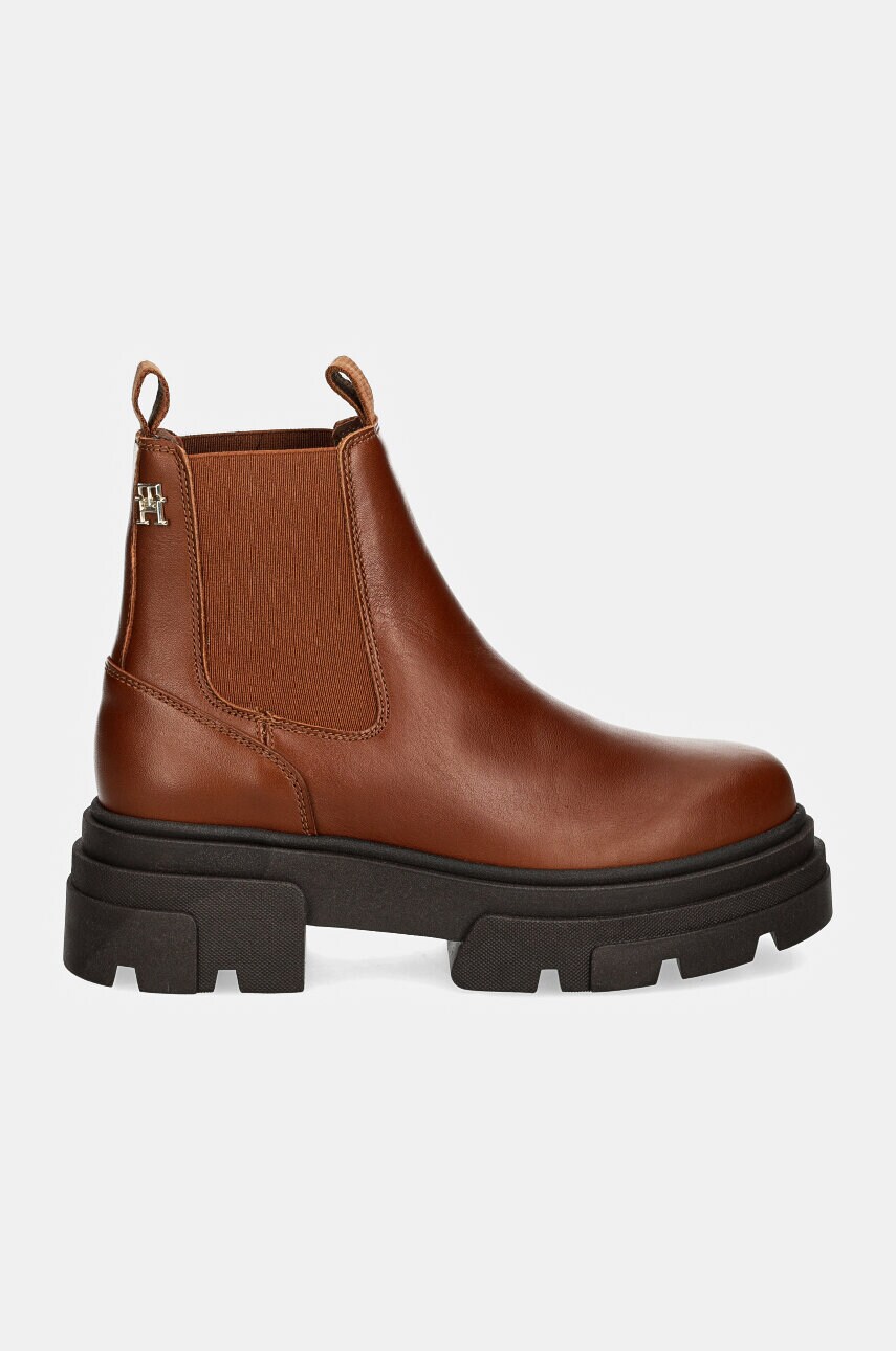 Черевики Tommy Hilfiger COMBAT LEATHER LOW CHELSEA жіночі колір коричневий на платформі FW0FW08089