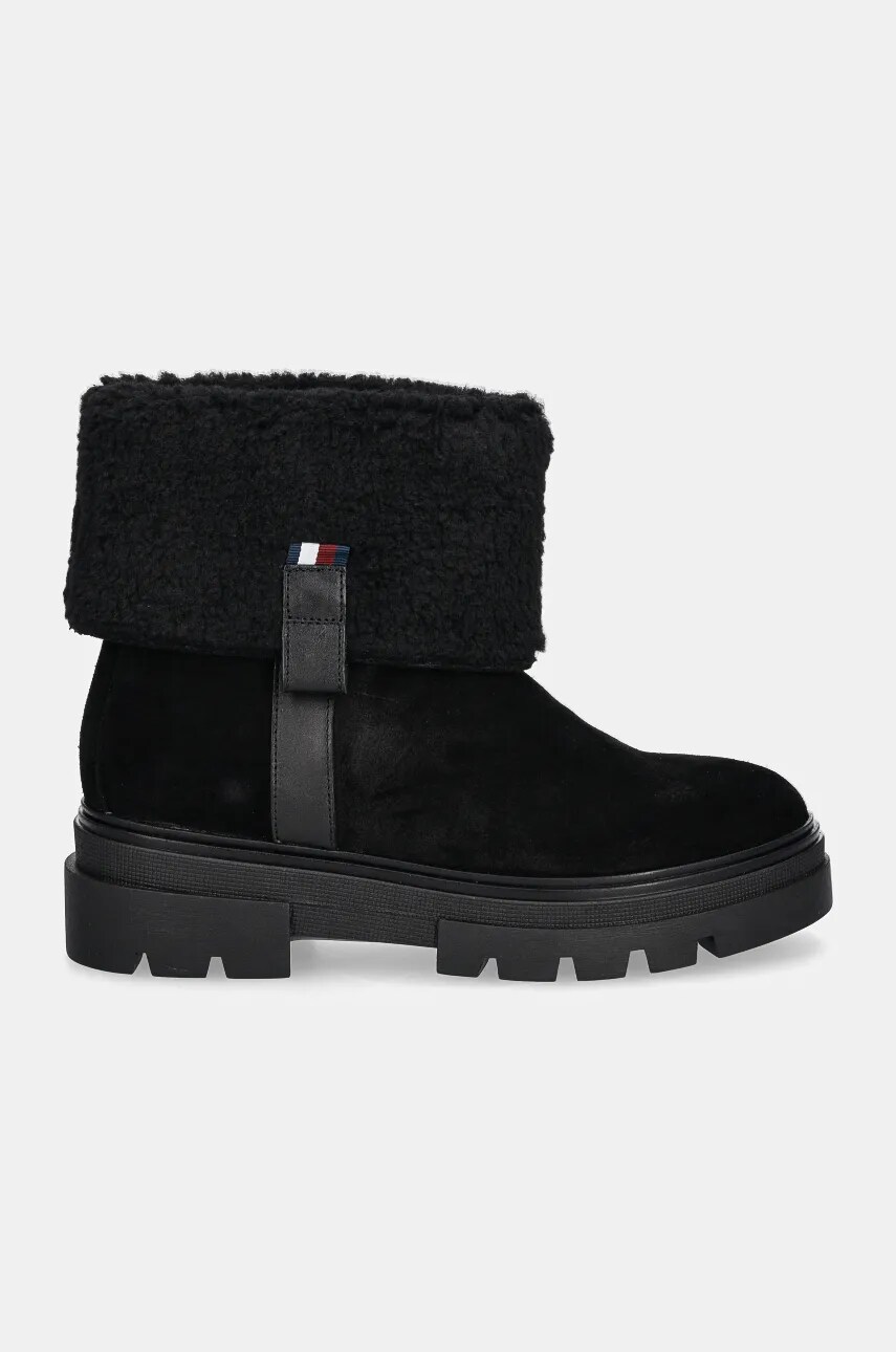 Замшеві черевики Tommy Hilfiger FAUX FUR SUEDE ROLL-DOWN BOOT колір чорний на плоскому ходу утеплене FW0FW08158
