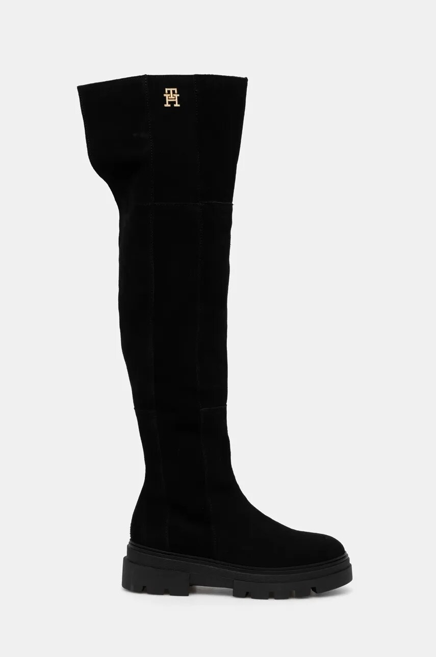 Замшеві чоботи Tommy Hilfiger SUEDE OVER-THE-KNEE BOOT жіночі колір чорний на платформі FW0FW08159