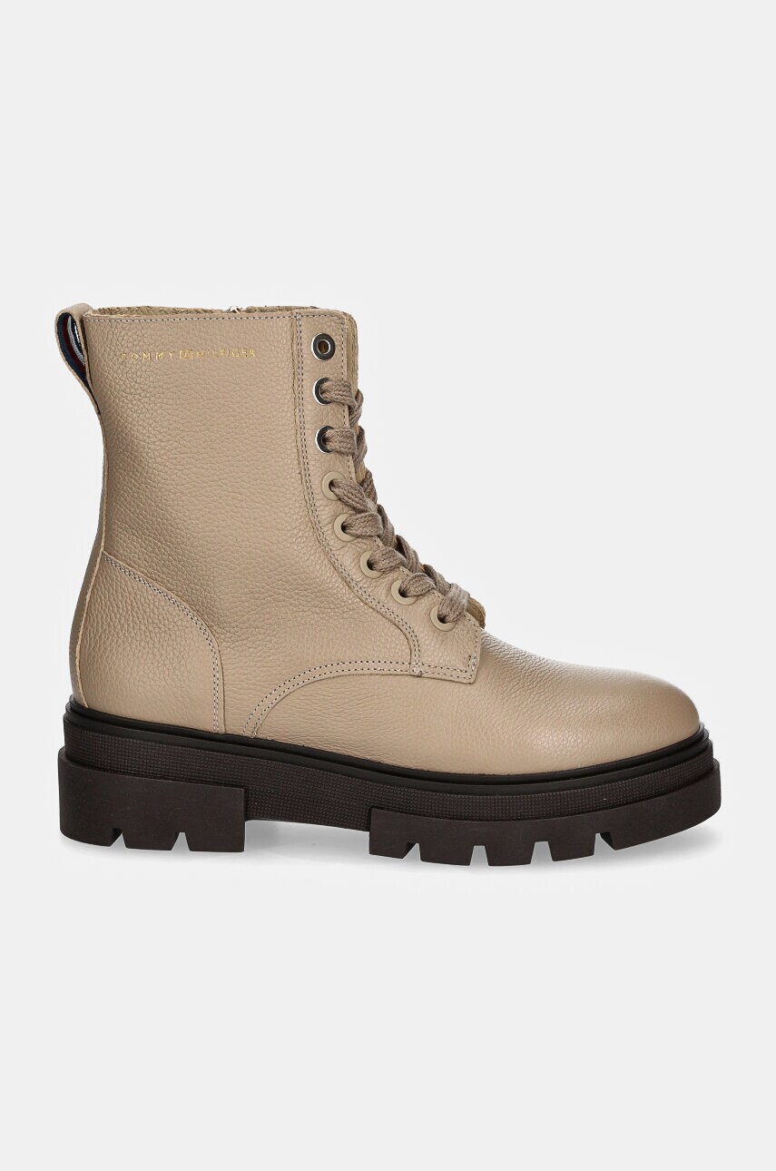 Шкіряні черевики Tommy Hilfiger BICOLOR LEATHER LACE-UP жіночі колір бежевий на плоскому ходу FW0FW08160