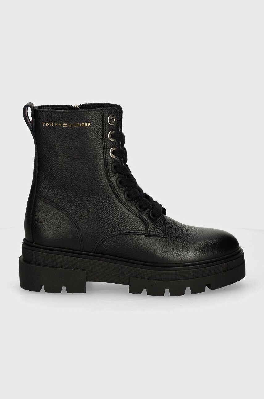 Шкіряні черевики Tommy Hilfiger BICOLOR LEATHER LACE-UP жіночі колір чорний на плоскому ходу FW0FW08160