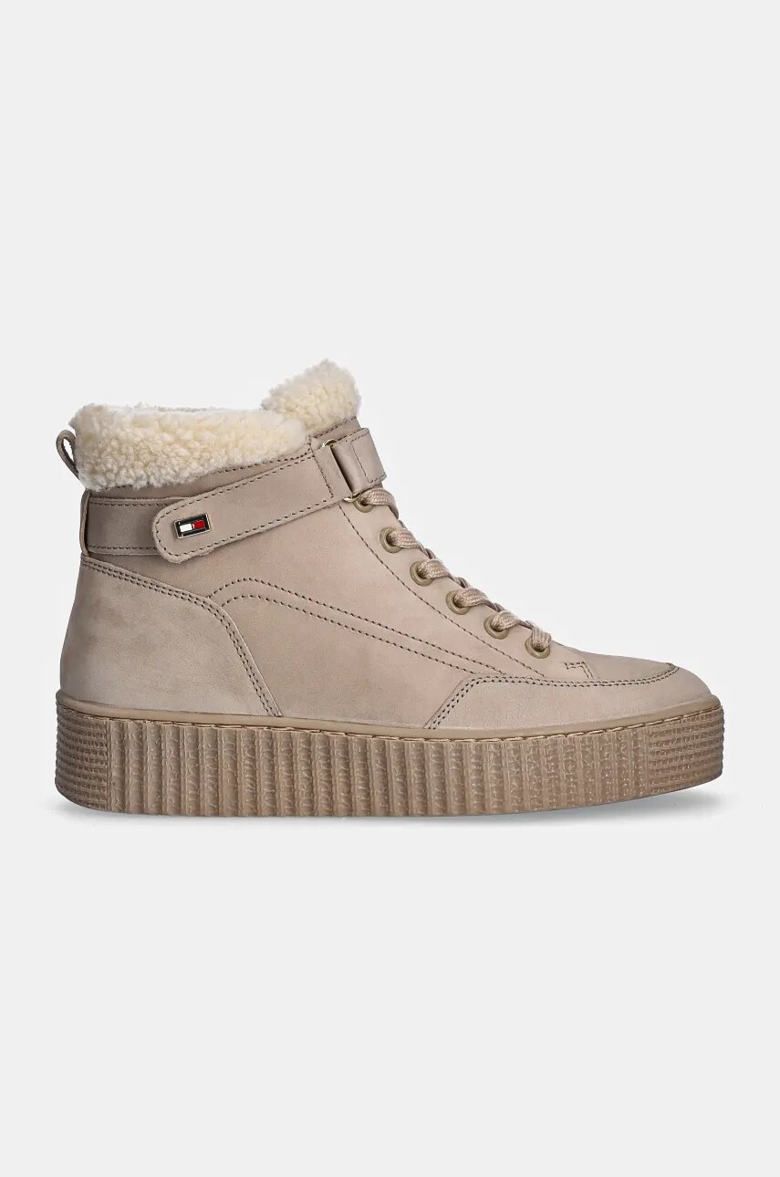 Замшеві черевики Tommy Hilfiger FAUX FUR NUBUCK LOW LACE-UP колір бежевий на плоскому ходу утеплене FW0FW08172