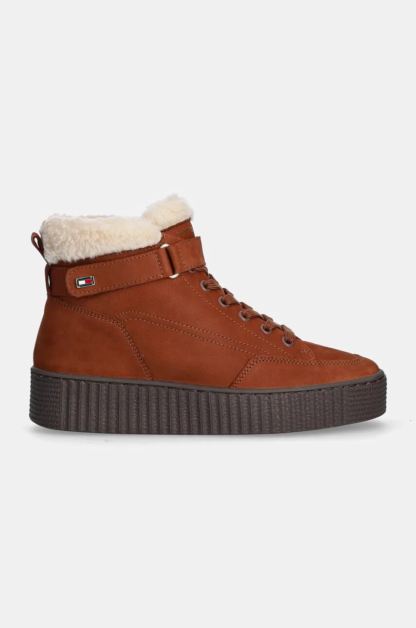 Замшеві черевики Tommy Hilfiger FAUX FUR NUBUCK LOW LACE-UP колір коричневий на плоскому ходу утеплене FW0FW08172