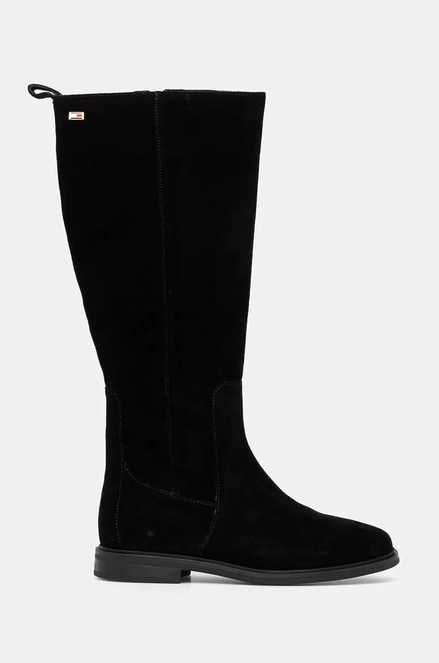 Купити Замшеві чоботи Tommy Hilfiger FLAG SUEDE LONG BOOT ZIP жіночі колір чорний на плоскому ходу FW0FW08178 – головне зображення