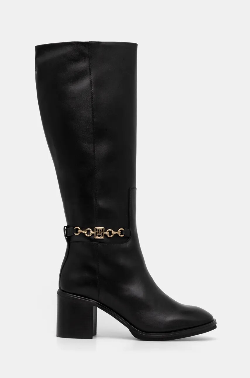 Шкіряні чоботи Tommy Hilfiger TH CHAIN LEATHER LONG BOOT жіночі колір чорний каблук блок FW0FW08182