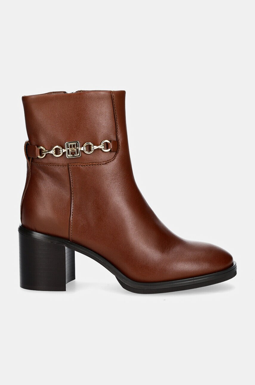 Шкіряні черевики Tommy Hilfiger TH CHAIN LEATHER MID HEEL BOOTIE жіночі колір коричневий каблук блок FW0FW08183