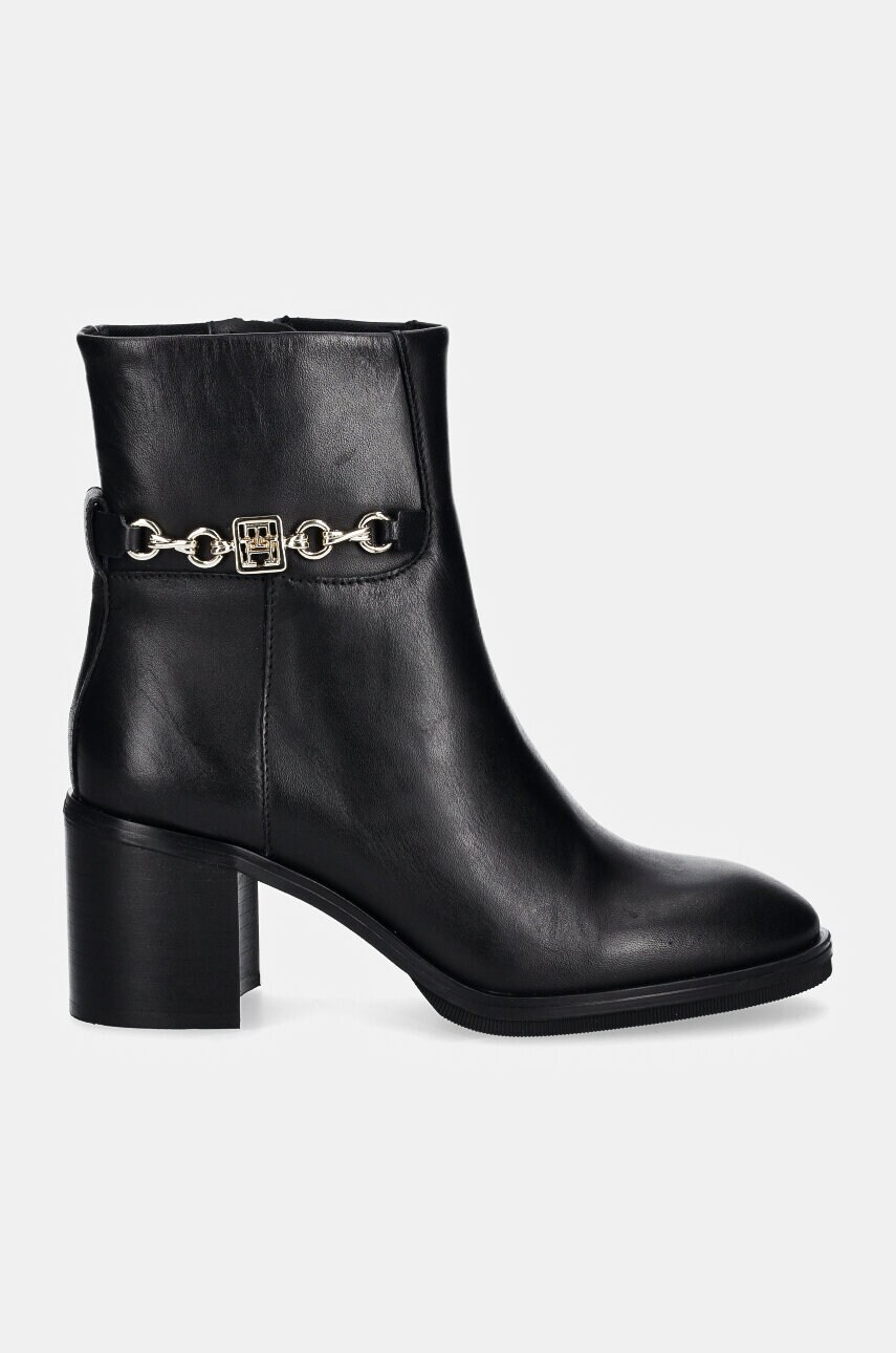 Шкіряні черевики Tommy Hilfiger TH CHAIN LEATHER MID HEEL BOOTIE жіночі колір чорний каблук блок FW0FW08183