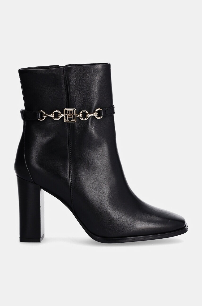 Шкіряні черевики Tommy Hilfiger TH CHAIN HIGH HEEL BOOTIE жіночі колір чорний каблук блок FW0FW08241