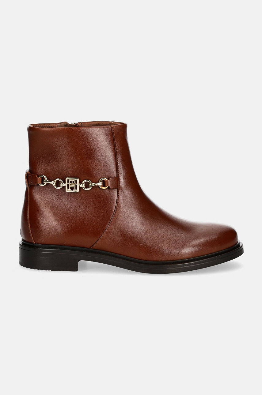 Шкіряні черевики Tommy Hilfiger TH CHAIN LEATHER LOW BOOTIE жіночі колір коричневий на плоскому ходу FW0FW08251