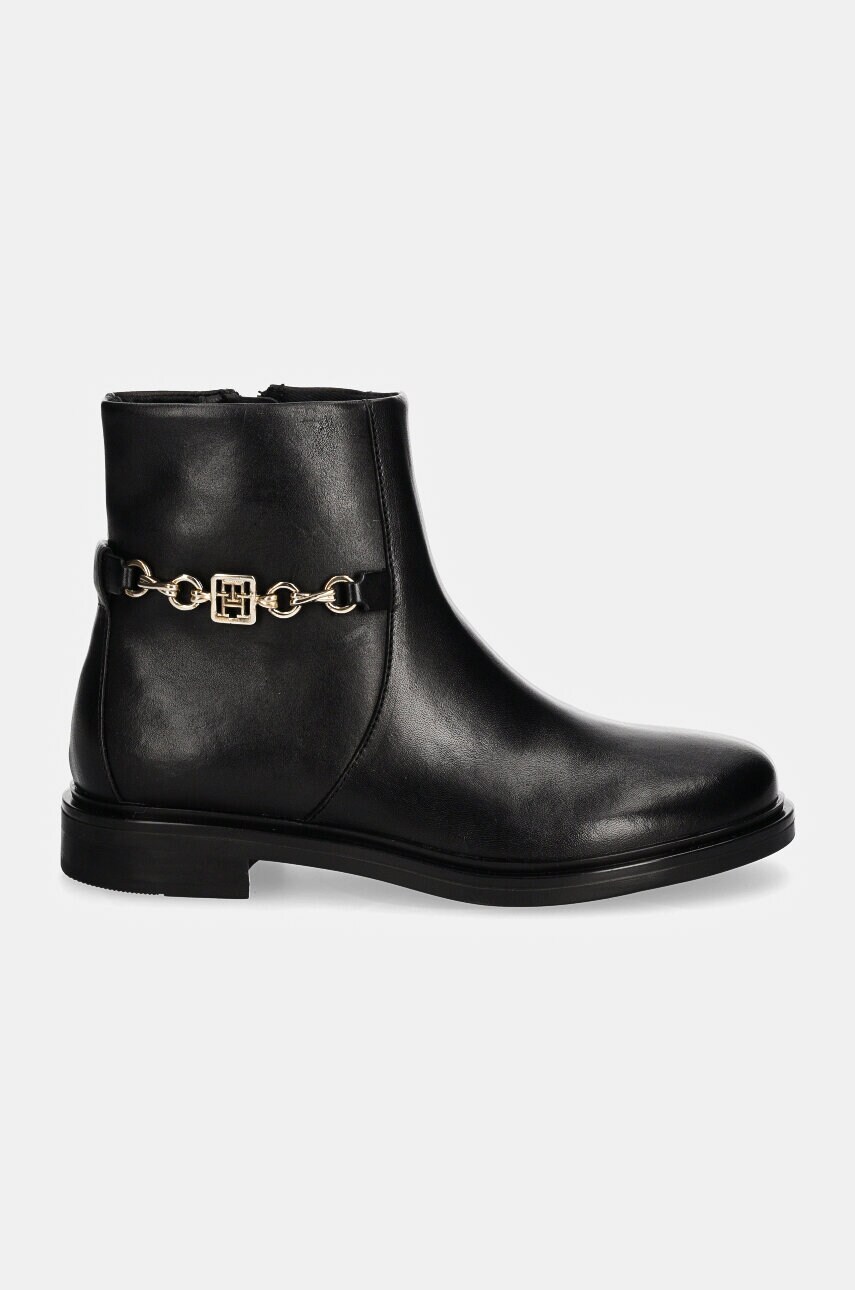 Шкіряні черевики Tommy Hilfiger TH CHAIN LEATHER LOW BOOTIE жіночі колір чорний на плоскому ходу FW0FW08251