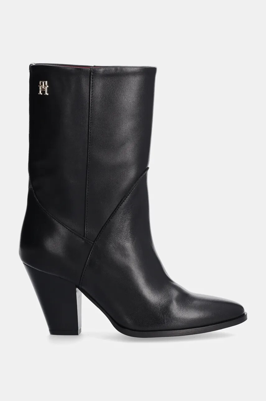 Шкіряні черевики Tommy Hilfiger MID COWBOY HEEL LEATHER жіночі колір чорний каблук блок FW0FW08253