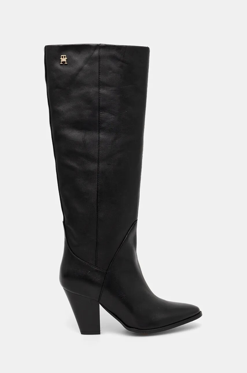 Чоботи Tommy Hilfiger HIGH COWBOY HEEL BOOT LEATHER жіночі колір чорний каблук блок FW0FW08296