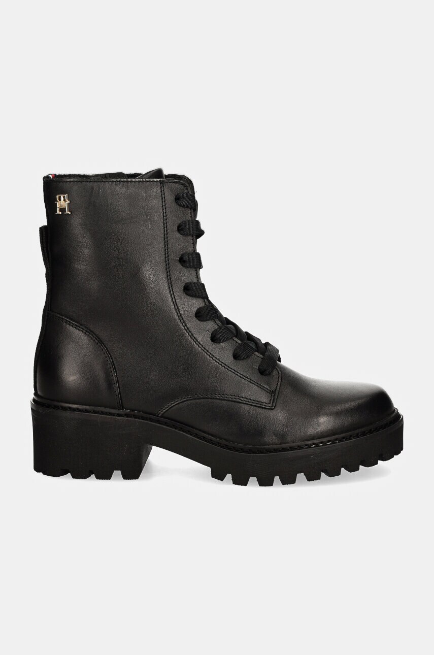 Шкіряні черевики Tommy Hilfiger CHIC MID HEEL LEATHER LACE-UP жіночі колір чорний на плоскому ходу FW0FW08305