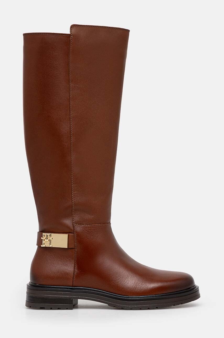 Чоботи Tommy Hilfiger TH LOGO LEATHER LONG BOOT жіночі колір коричневий на плоскому ходу злегка утеплена FW0FW08335