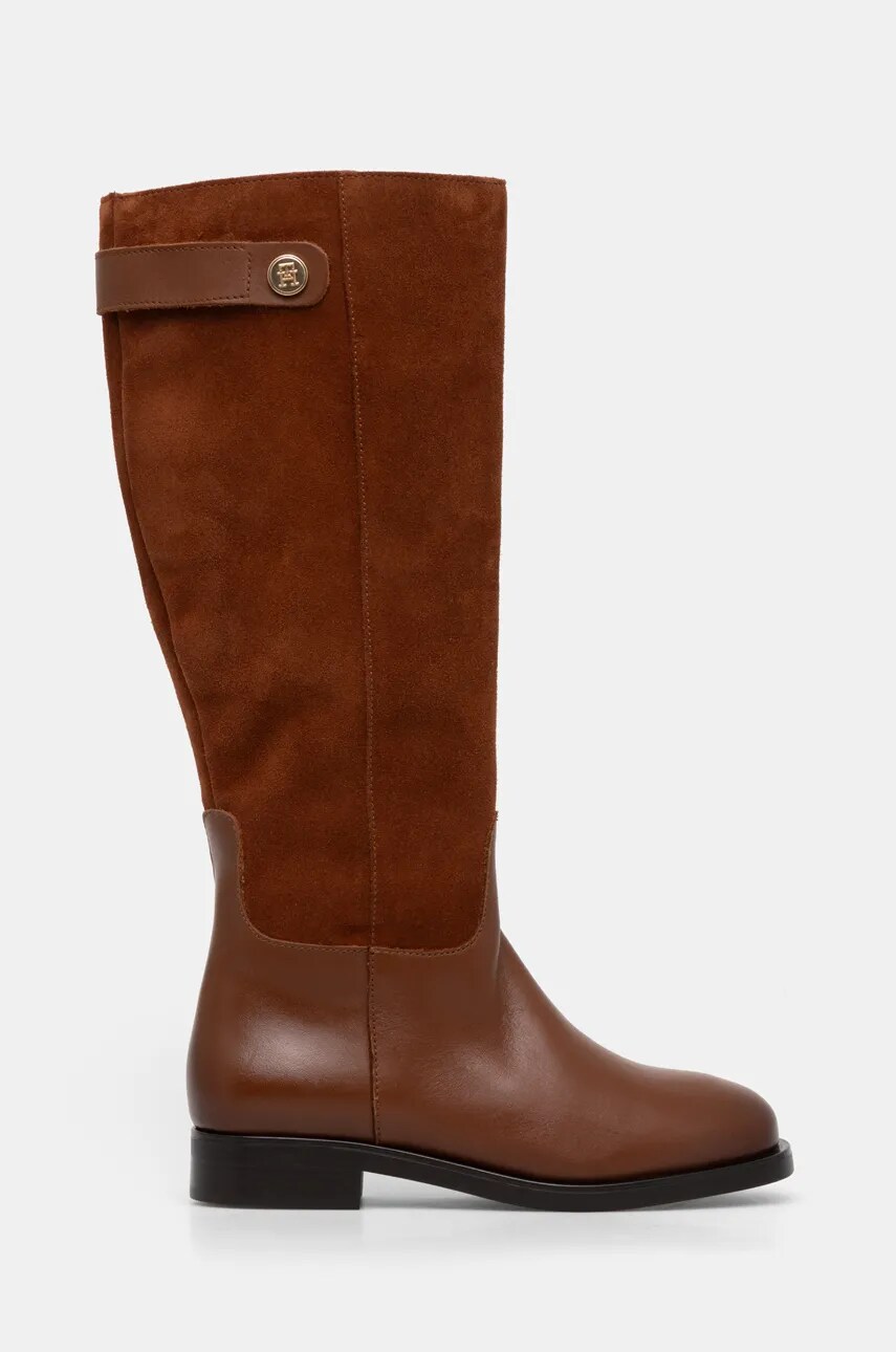 Шкіряні чоботи Tommy Hilfiger TH STUD LEATHER MIX LONG BOOT жіночі колір коричневий на плоскому ходу FW0FW08341