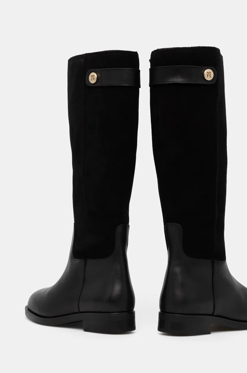 Шкіряні чоботи Tommy Hilfiger TH STUD LEATHER MIX LONG BOOT жіночі колір чорний на плоскому ходу FW0FW08341