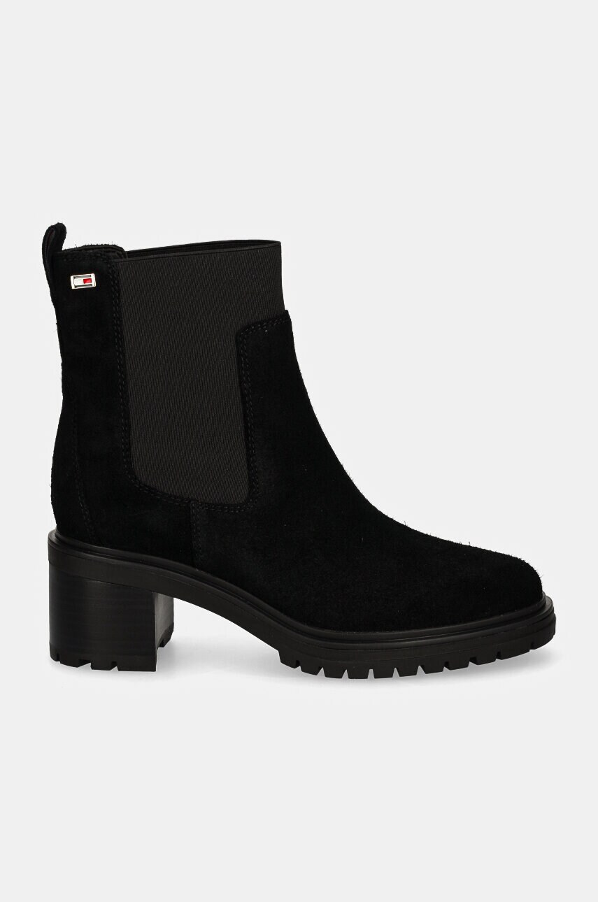 Замшеві черевики Tommy Hilfiger FLAG MID HEEL SUEDE CHELSEA жіночі колір чорний каблук блок FW0FW08429